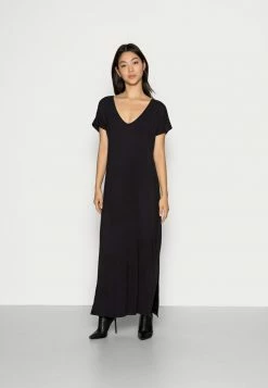Zign SHORT SLEEVES V NECK BASIC DRESS WITH SLIT - Robe Longue - Black
