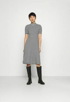 Zign Short Sleeves Flared Basic Midi Dress - Robe En Jersey - Black/offwhite