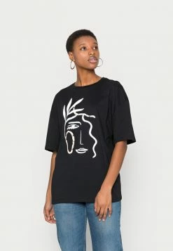 Zign LIZ LINE ART FACE TEE - T-shirt Imprimé - Black