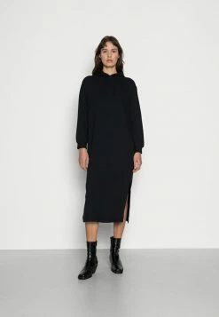 Zign Casual Winter Sweat Hooded Maxi Slits Dress - Robe De Jour - Black