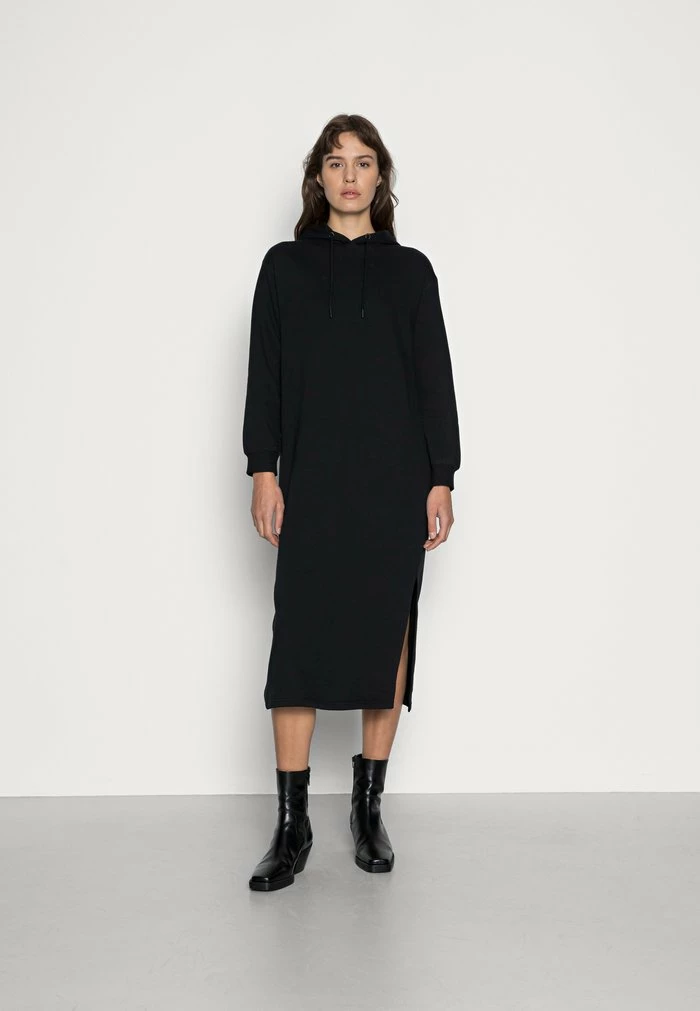 Zign Casual Winter Sweat Hooded Maxi Slits Dress - Robe De Jour - Black
